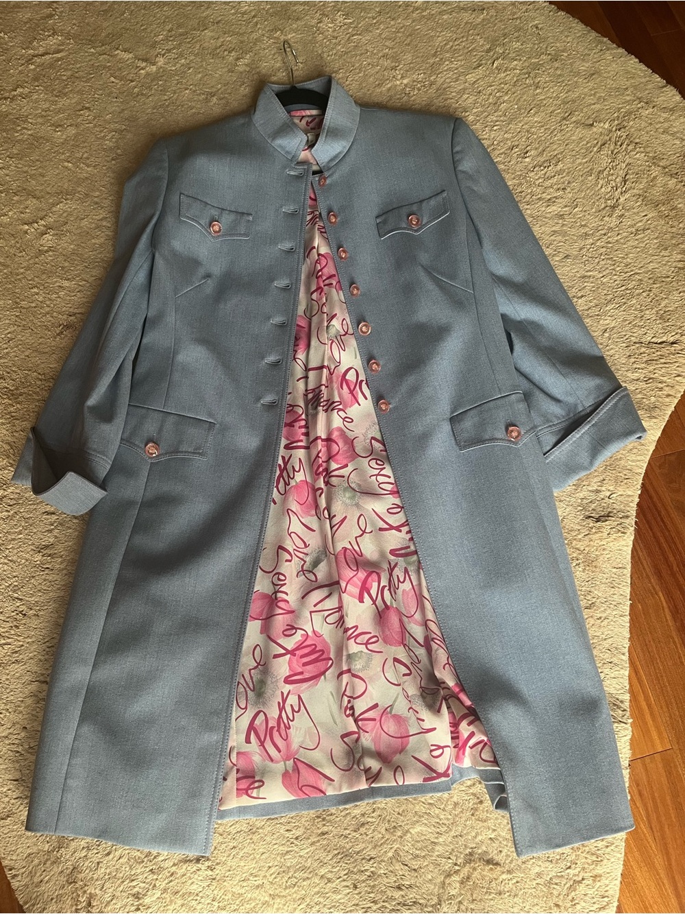 NWT Escada Pale Blue Timeless Collarless Coat with Pink Script Lining